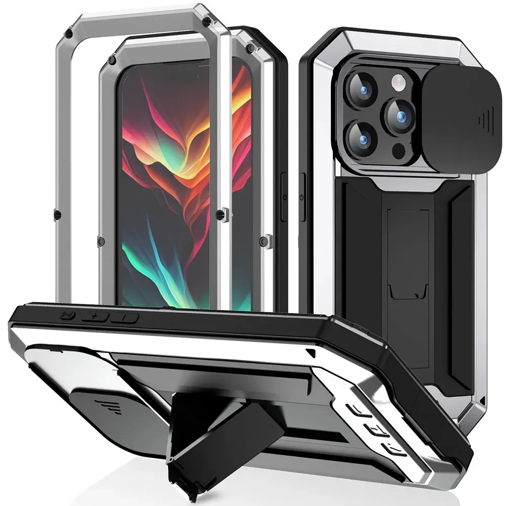 サムスンS23 S23 S22 Ultra S23 Plus用のTemeled Glass Armor Metal Case for iPhone 15 14 13 Pro Maxヘビーデューティドゥームカバーカメラレンズ保護ホルダー