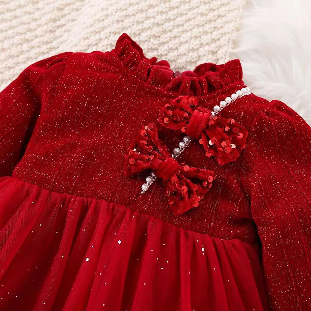 Robes de fille Noël rouge bébé fille robe à manches longues en peluche or velours paillettes noeud papillon maille fête robe de princesse