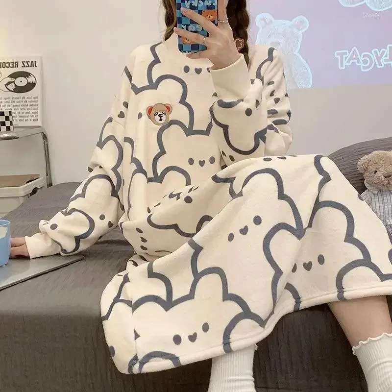 Women's Sleepwear Women Sleep Dress Female Fleece Cute Print Long Nightgown Cartoon Pajama 2024 Winter Lady Plus Size Clothing Casual