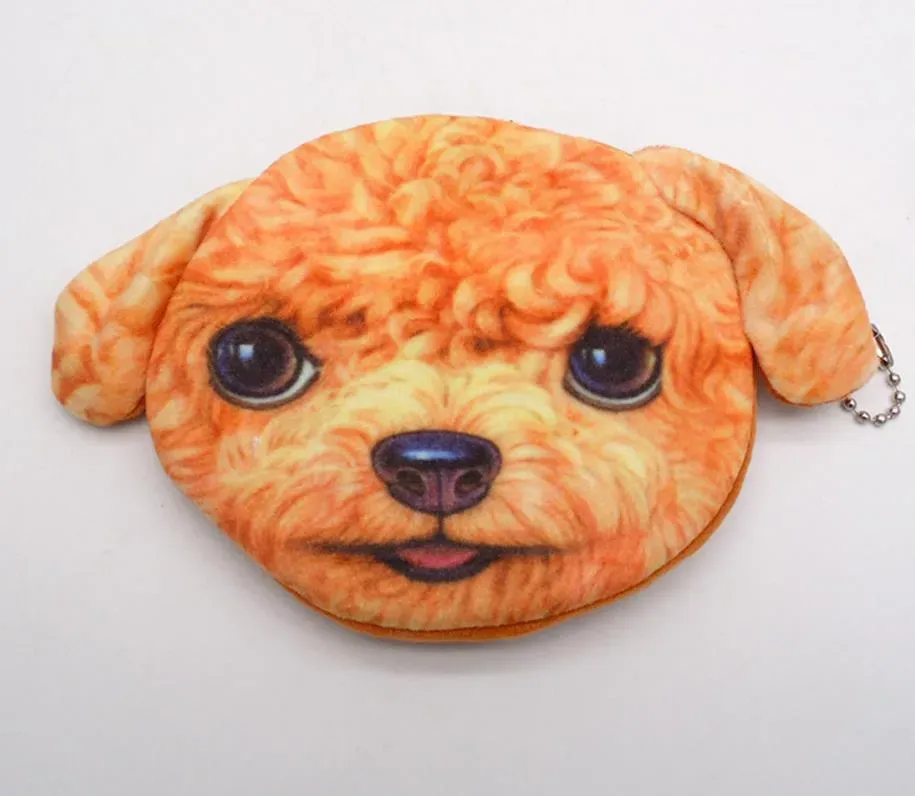 3D Cat Dog Face Plush Coin Purse Pouch Cute Puppy Pug Head Zipper Closure Wallet Cartoon Animal Bag Pendants Charm