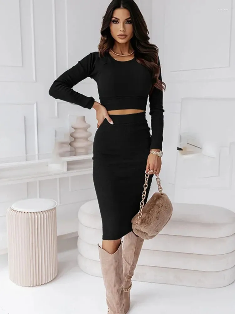 Work Dresses Women Elegant Slim 2 Piece Set Autumn Winter Long Sleeve O-neck Bodycon Crop Top Pencil Skirt Casual Sets Party Ladies Suits