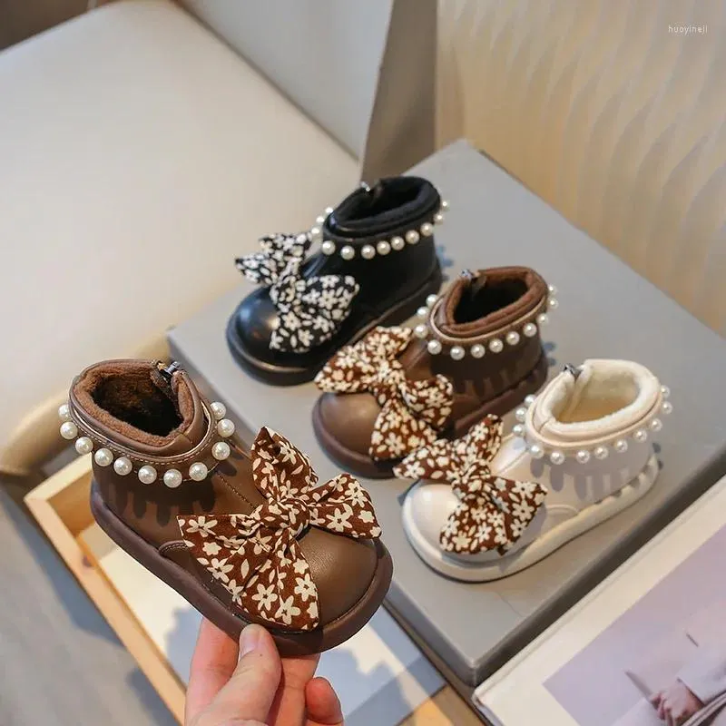 Boots 2023 Kids Leather Girls Floral Print Bow Pearls Side Zipper Fashion Children Elegant Princess Short For Wedding