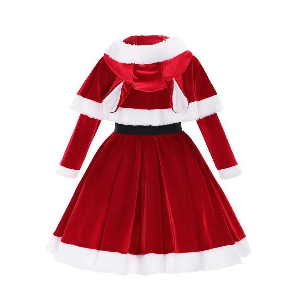 Vestidos da menina vestido de natal menina para festa 2 peça vestido + capa bonito coelho orelha vermelho veludo santa traje manga longa natal