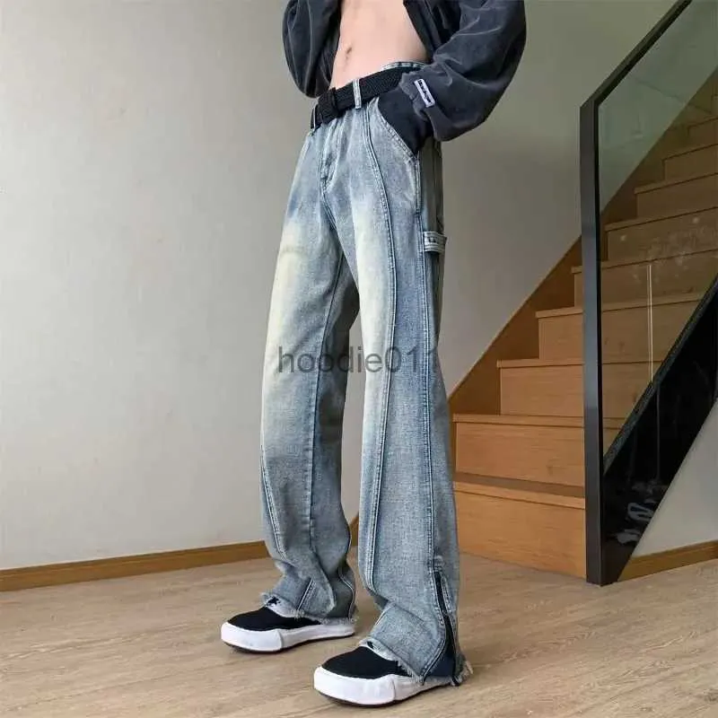 Herrenjeans, Retro-Jeans, europäischer und amerikanischer Stil, lockerer, gerader Reißverschluss, geteilt, L231220