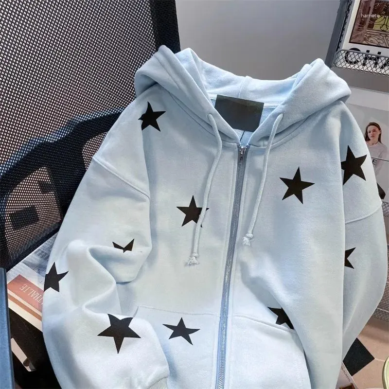 Hoodies femininos Ebaihui estrela completa impressão com capuz mulheres moletom casual retro solto zíper cardigan outono manga longa americano hiphop top