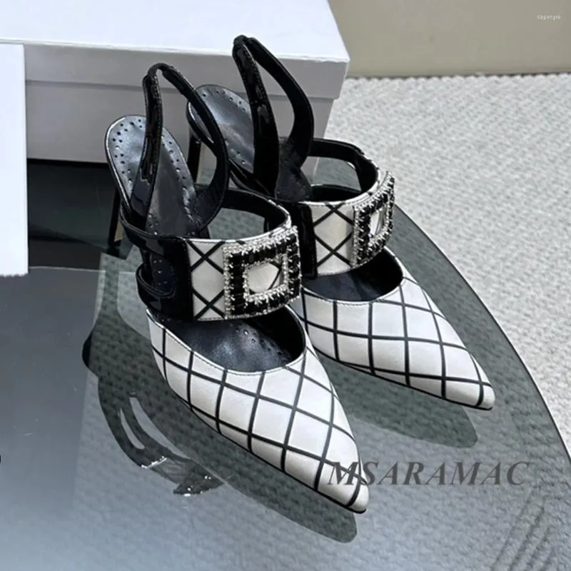 Sandaler Elegant Satin Plaid Point Toe Crystal Square Buckle Stilettos Dress Shoes Summer Women's Leather fodrad high-heel