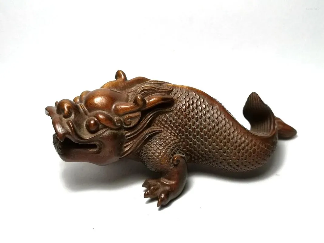 装飾的な置物Yizhu Cultuer Art Collectable Old China Boxwood Hand Careved Loong Dragon Fight Statue Family Ornament Gift