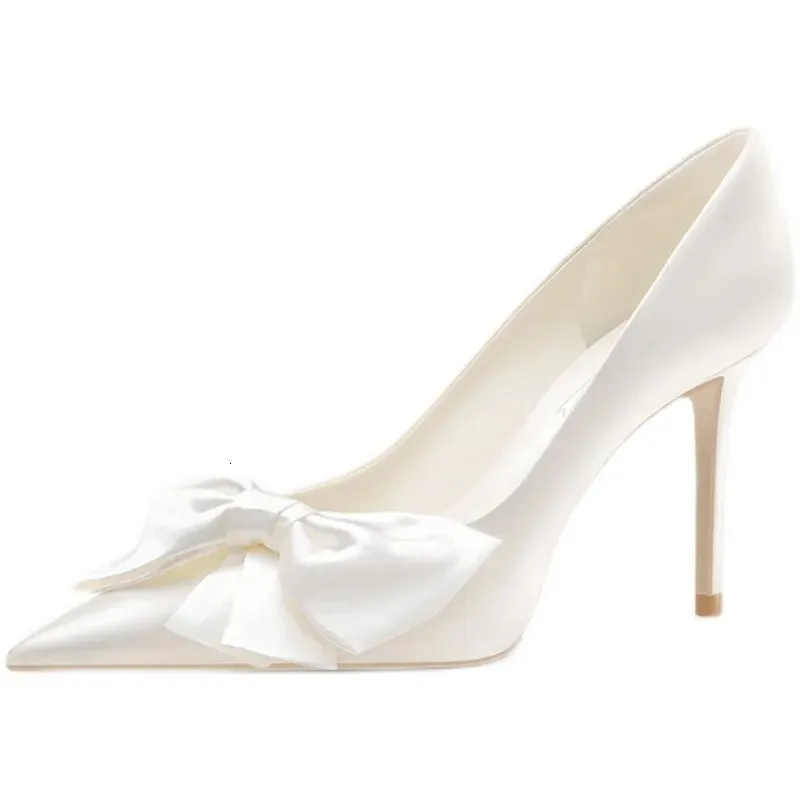 French White Satin High Heels Wedding Shoes Bridal Bow Single Women 231220