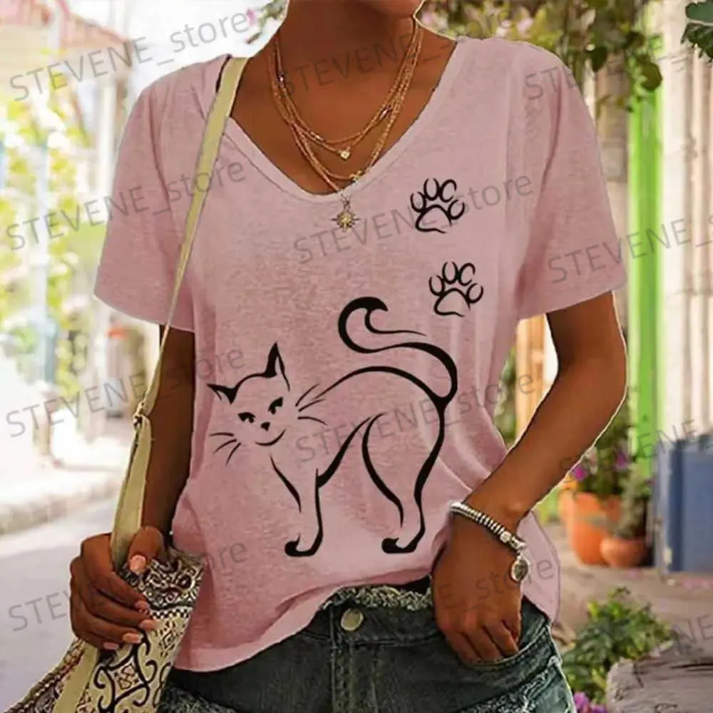 Dames T-shirt Nieuwe Zomer Dames T-shirts Korte mouw Tops Kitten Grafisch V-hals Oversized Kleding Meisjes Street chic Dames Shirts Tees 2023 T231220