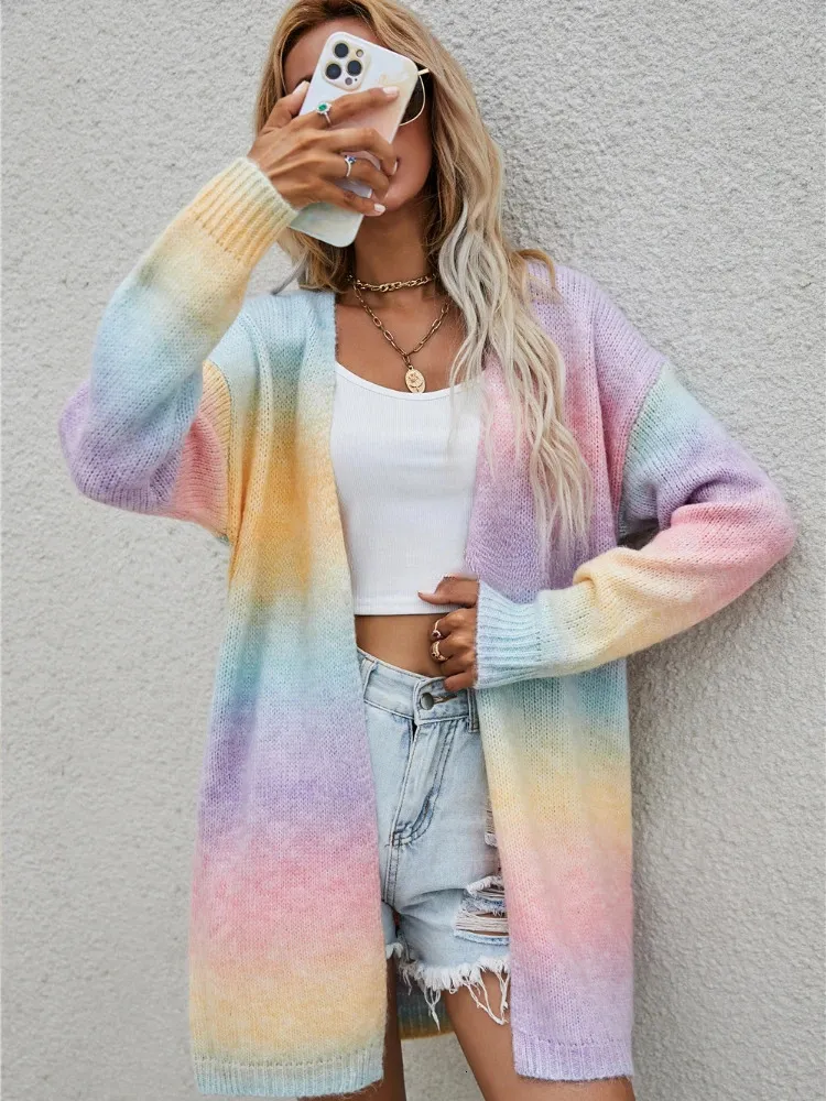 Długie dzianiny Kobiety Kobiety z długim rękawem Top Rainbow Tiebe Sweet Pink Cardigan Koreańska moda luźna sweter dojazdowy Kobiety 231220