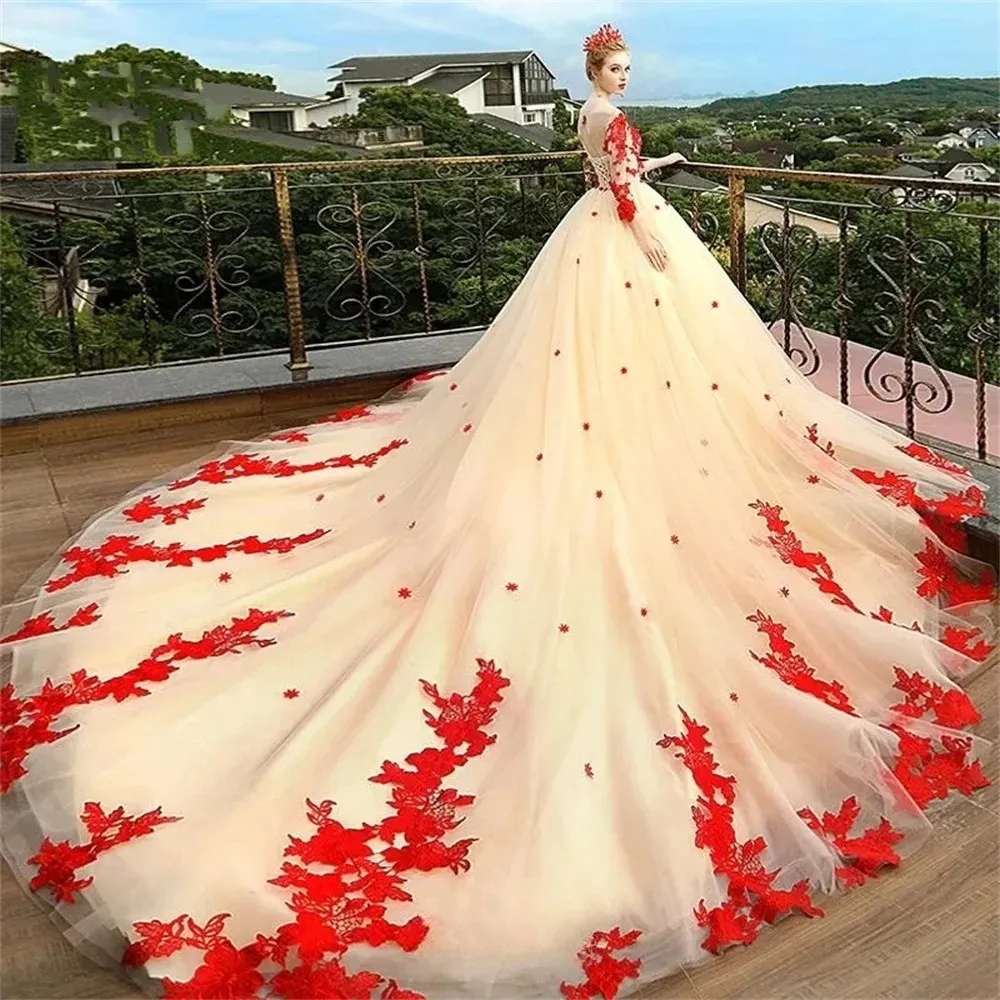 red and beige wedding dress Red Lace Wedding Dress with Ivory Tulle, Strapless Sweetheart Neckline