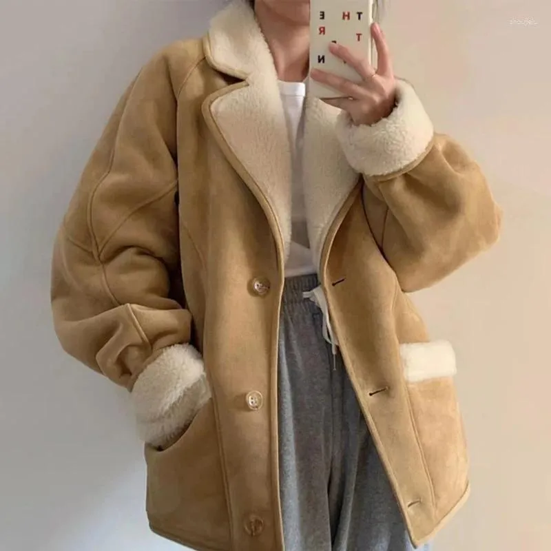 Womens Jackets Fashion Lamb Wool Leather Jacket Women Elegant Lapel Thicken Warm Overcoat Chic Suede Short Coat Lambskin Outwear Clothing