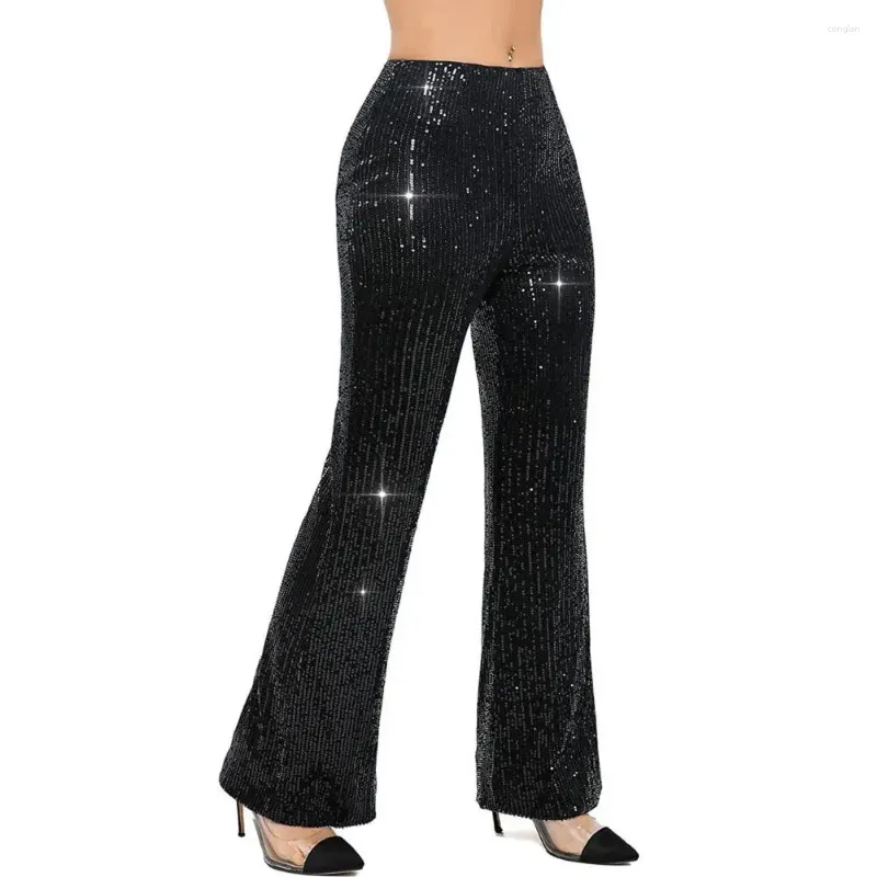 Kadın pantolon geniş bacaklı moda pullu bling partisi pantolonlar glitter night için yüksek bel geniş bacak pantolonları kulüp giysileri