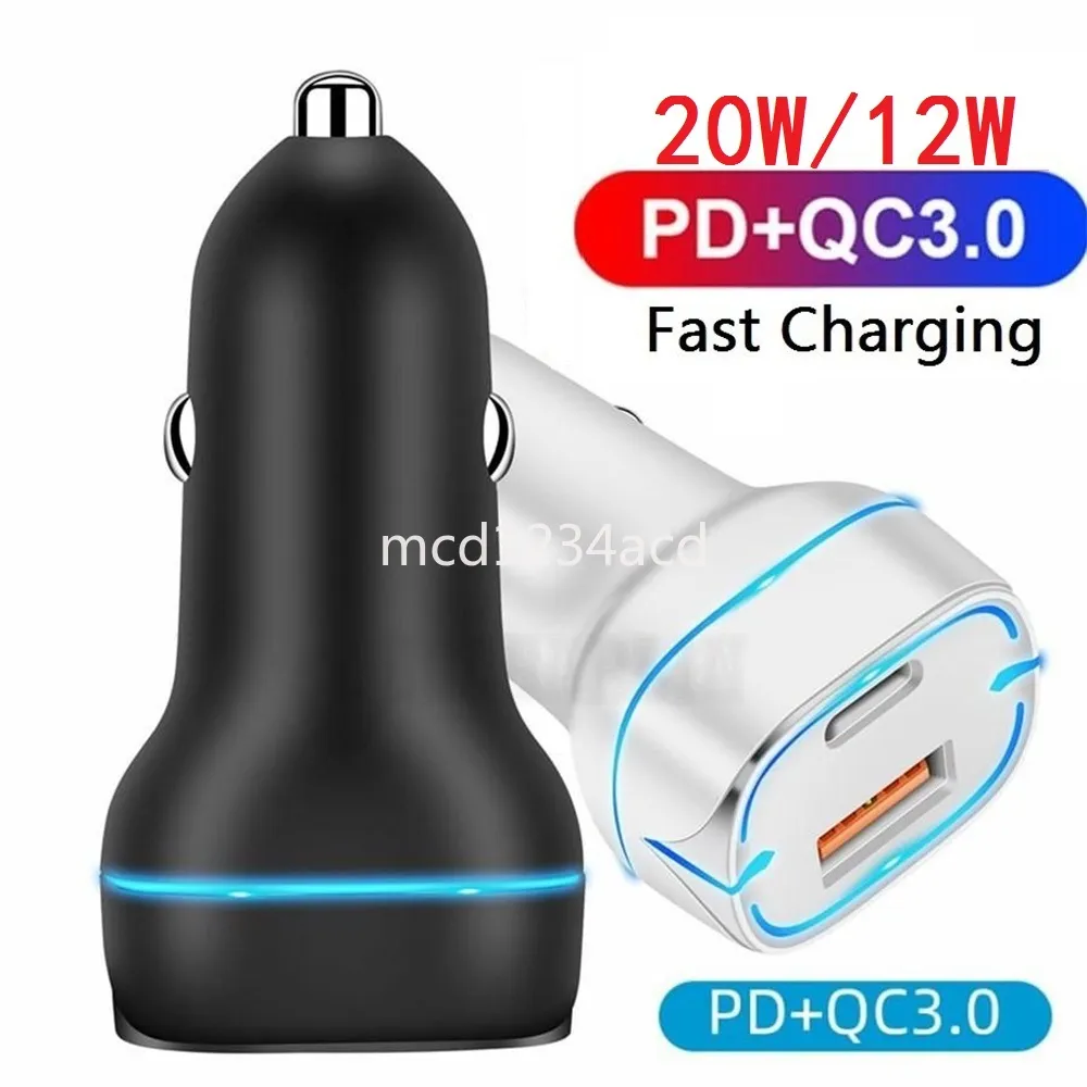 20W 12W QC3.0 Dual USB Car Charger USB C Power Adapters LED Light Universal Type C PD Snabbladdare för iPhone 12 13 14 15 Samsung S21 S22 M1