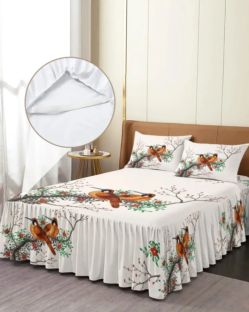 Bed Skirt Chinese Style Plum Blossom Birds Flowers Fitted Bedspread With Pillowcases Mattress Cover Bedding Set Sheet
