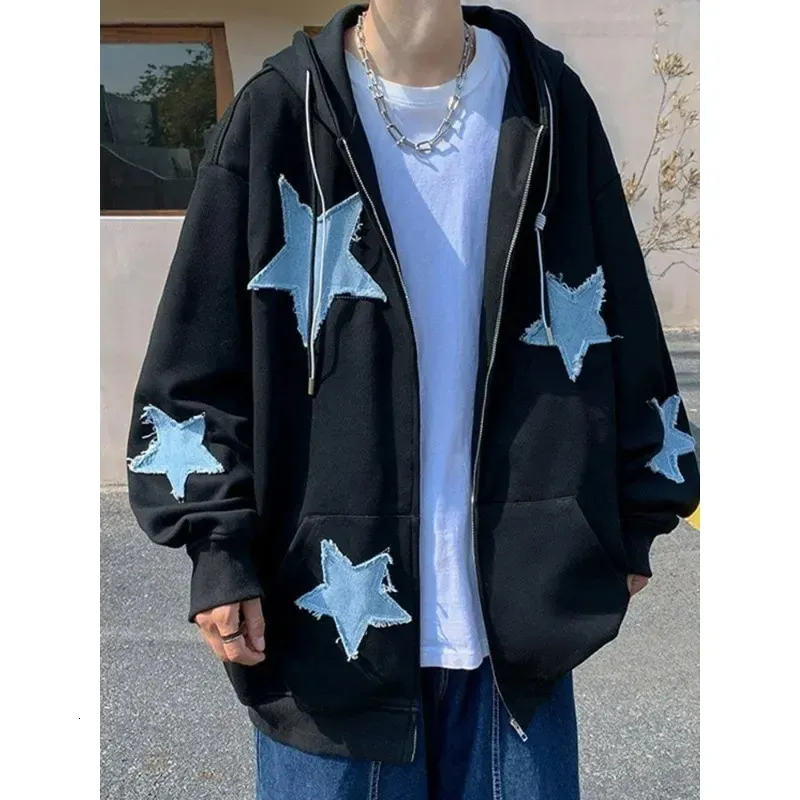 Men s Star Patch Zip Up Hoodie for Men Oversized Y2k Sweatshirt Jacket E Girl 90s Pullover Streetwear 231220