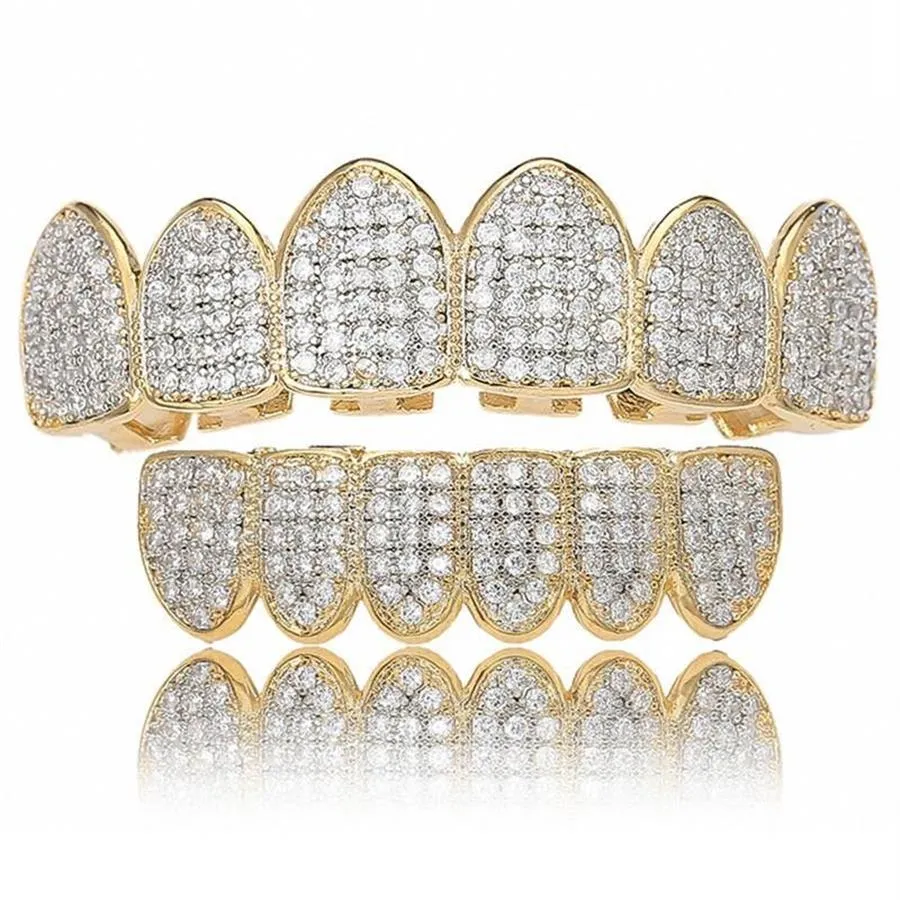 Iced Out Grillz bling hip hop teath shells caps Silver Gold Zirconia Zirconia Teath Top Bottom Dental Grills Rock Jewelry2082