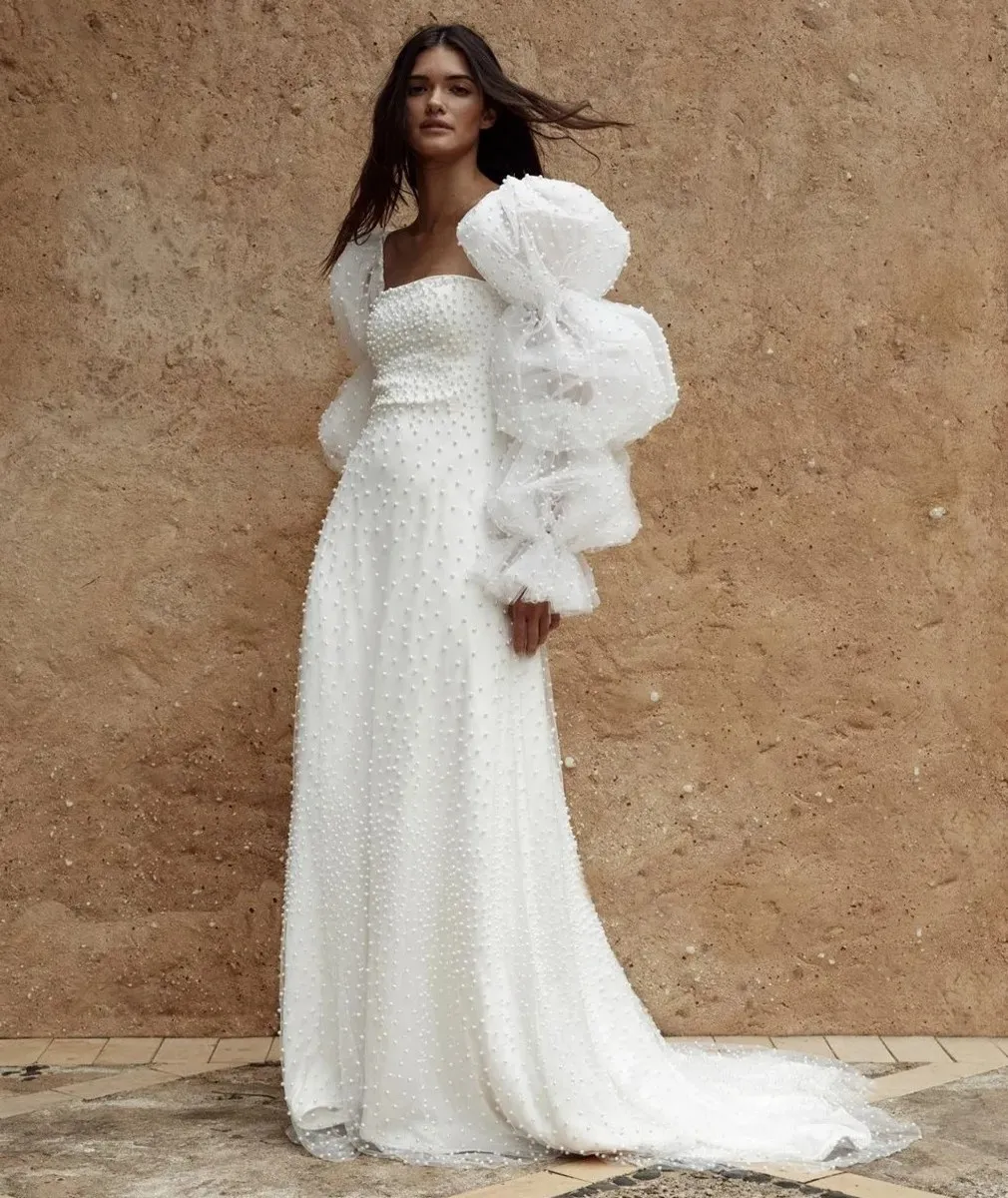 A-line Wedding Dress Women 2024 Square Neck Puffy Long Sleeves Backless Country Bridal Bride Party Gowns Vestido De Novia Customed