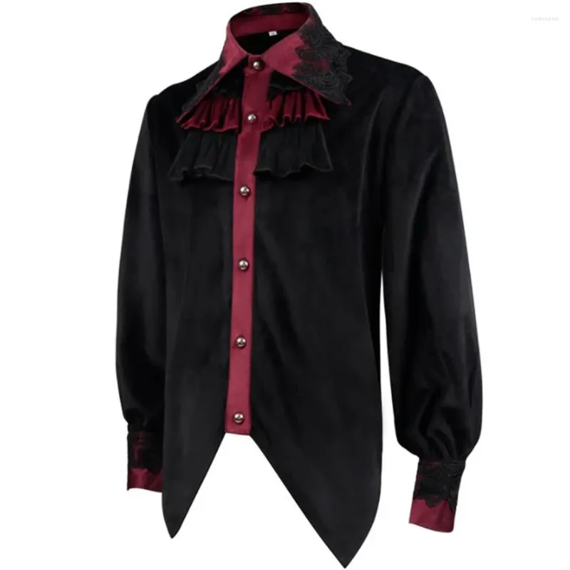 Men's Casual Shirts Steampunk Black Shirt Lace Trim Ruched Tailcoat Gothic Vampire Halloween Coval Long Sleeve Men Costume