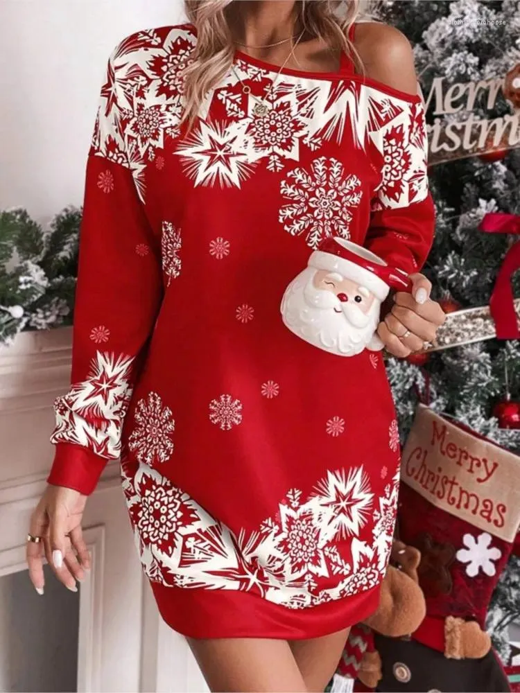 Vestidos casuales Mujeres Impreso Vestido de Navidad Otoño Invierno Moda Copo de nieve Impresión Oblicuo Hombro Elegante Mujer