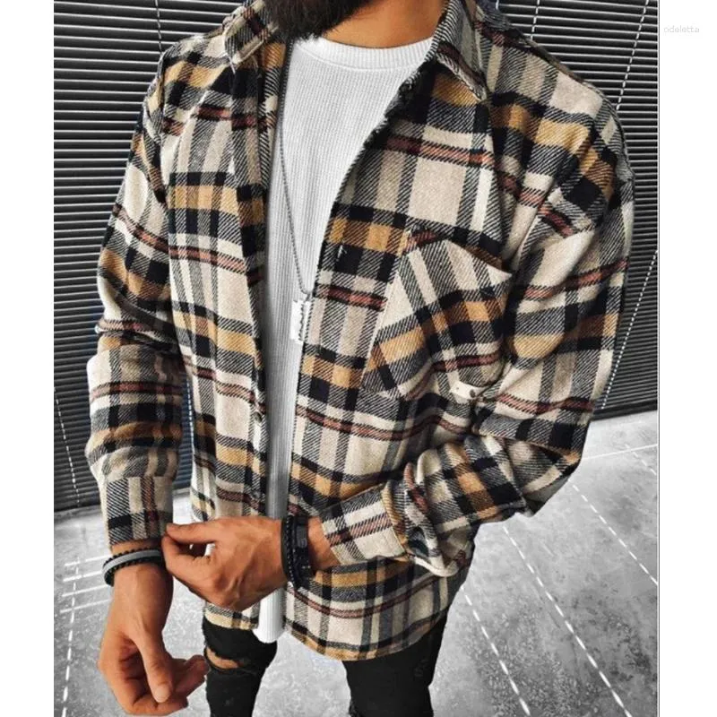 남자 캐주얼 셔츠 가을 가을 겨울철 격자 무늬 주머니 긴 소매 셔츠 비즈니스 옷깃 디자인 스트리트웨어 재킷 코트 탑