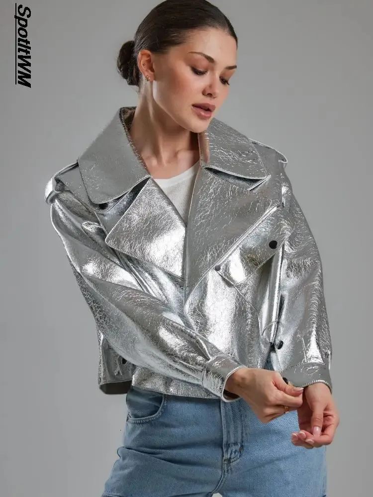 Kvinnors läder faux läder överdimensionerade silver kvinnors falska läderjacka elegant lös lapel långärmad kappa hösten lady streetwear pu motorcykeljackor 231220