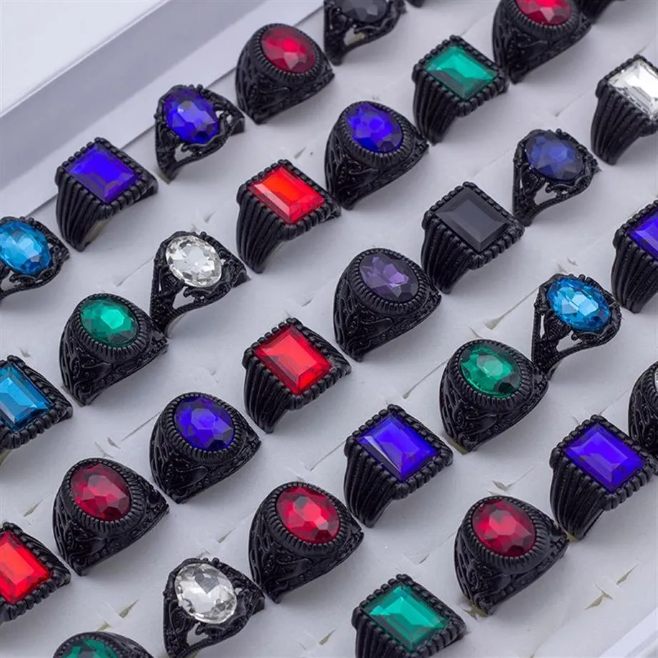 Lote a granel completo de 20 piezas, anillos de banda de joyería de Metal negro con gemas de cristal, sin decoloración, para hombres y mujeres, estilo mixto 259t