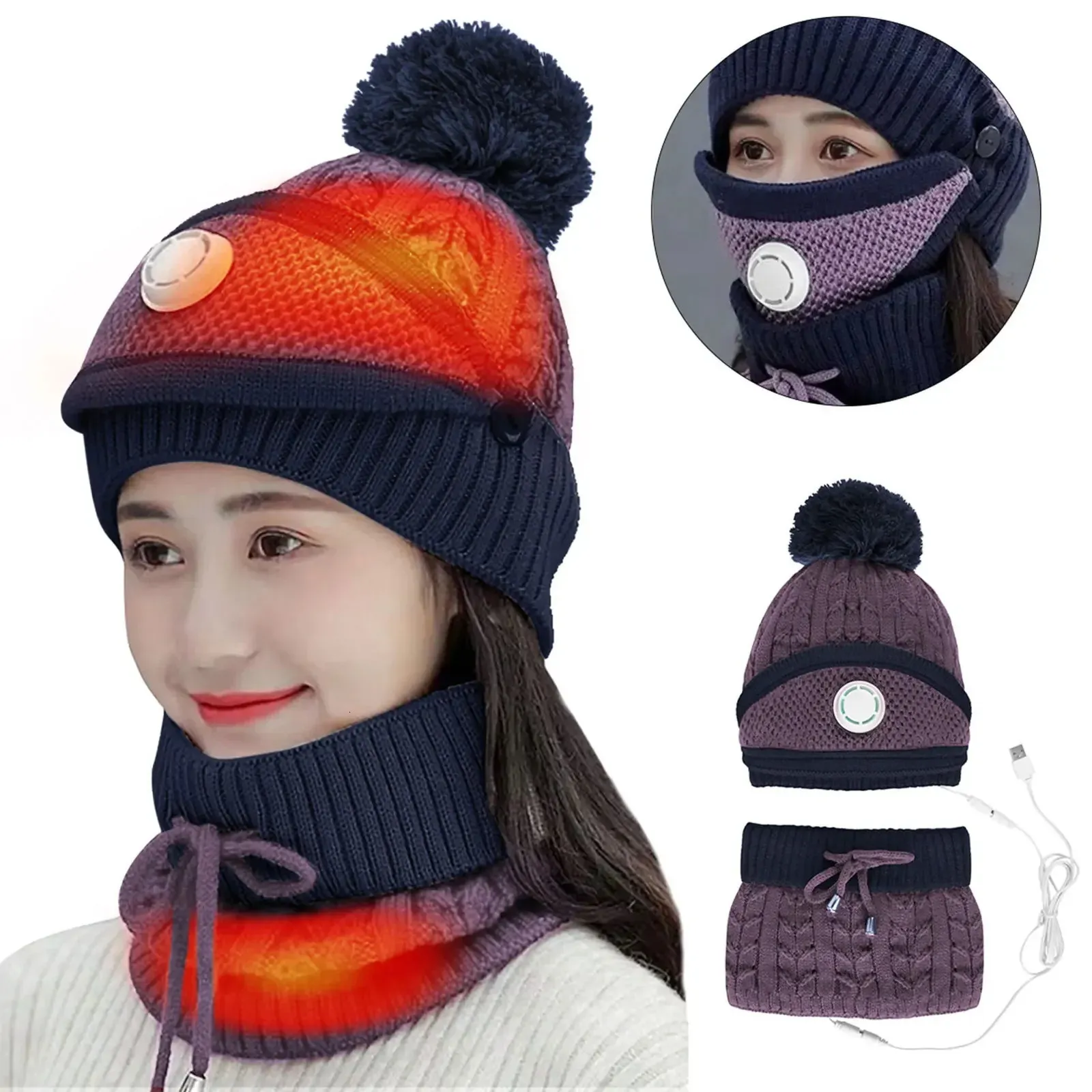 USB uppvärmd beanie scarf hattmask set stickad mössa mössa tjock skidbeanie med halsduk och ansikte varmare för kallt väder utomhussport 231220