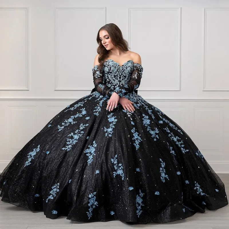 Luxury Black Shiny Princess Quinceanera Dresses Beading Applicies Lace Party Dress Tulle Elegent Sweet Vestido de 15 16 Anos