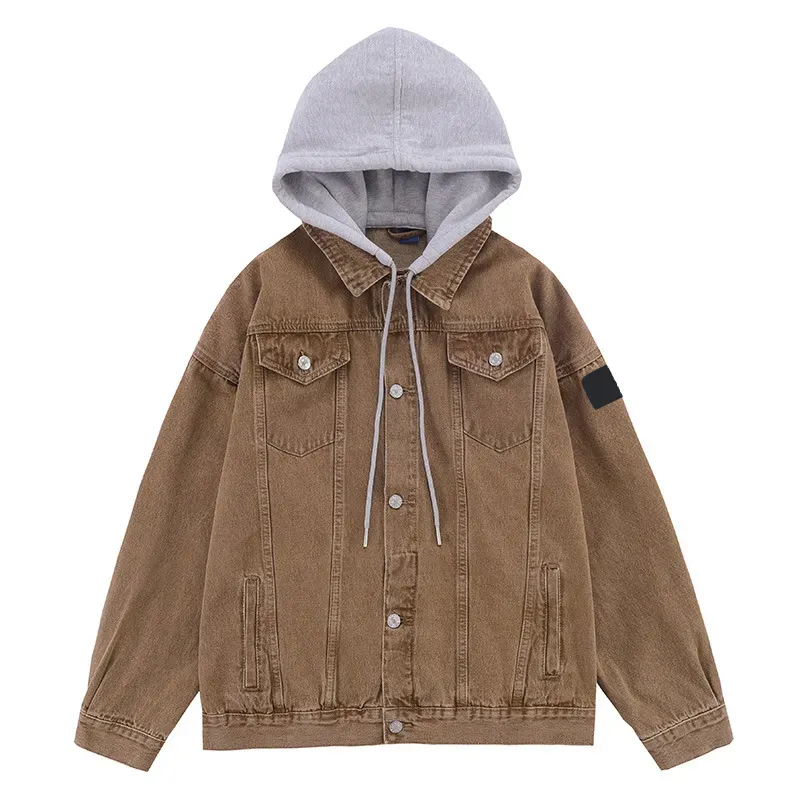 Casual Denim Coat Man Spring and Autumn Hooded High Street Trend Stilig Loose Fashion Fake Two Tooling Stone Jacket