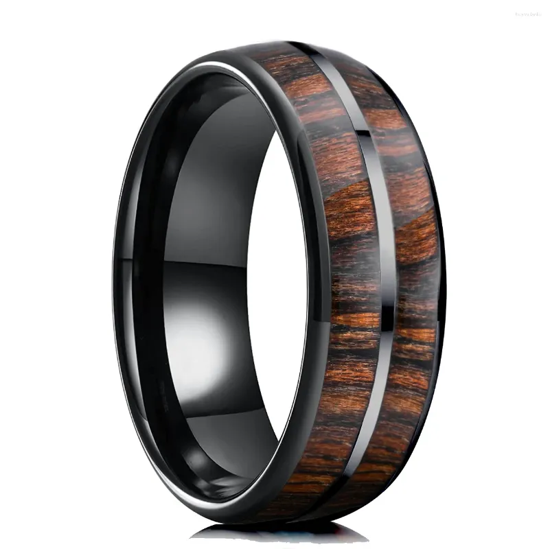 Anneaux de mariage mode 8 mm couleur noire hommes en acier inoxydable incrustation koa bois promesse pour femmes joelry drop