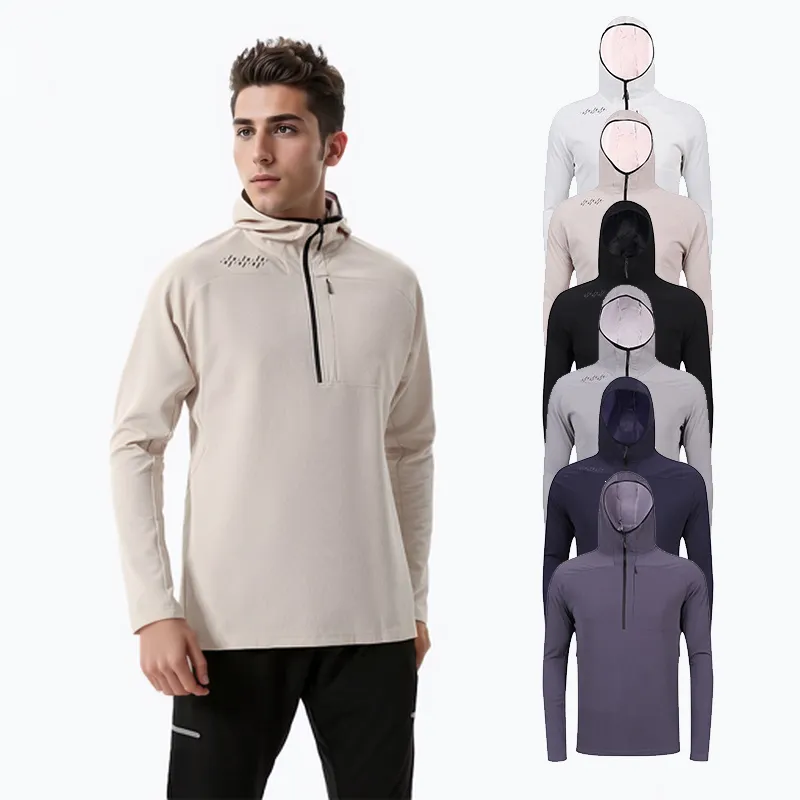 LLu New Men's Hooded T-shirt Outdoor Breathable Quick Drying Long Sleeved Top Mock Neck Fitness Yoga Half Zipper Pullover Leisure Sports Coat