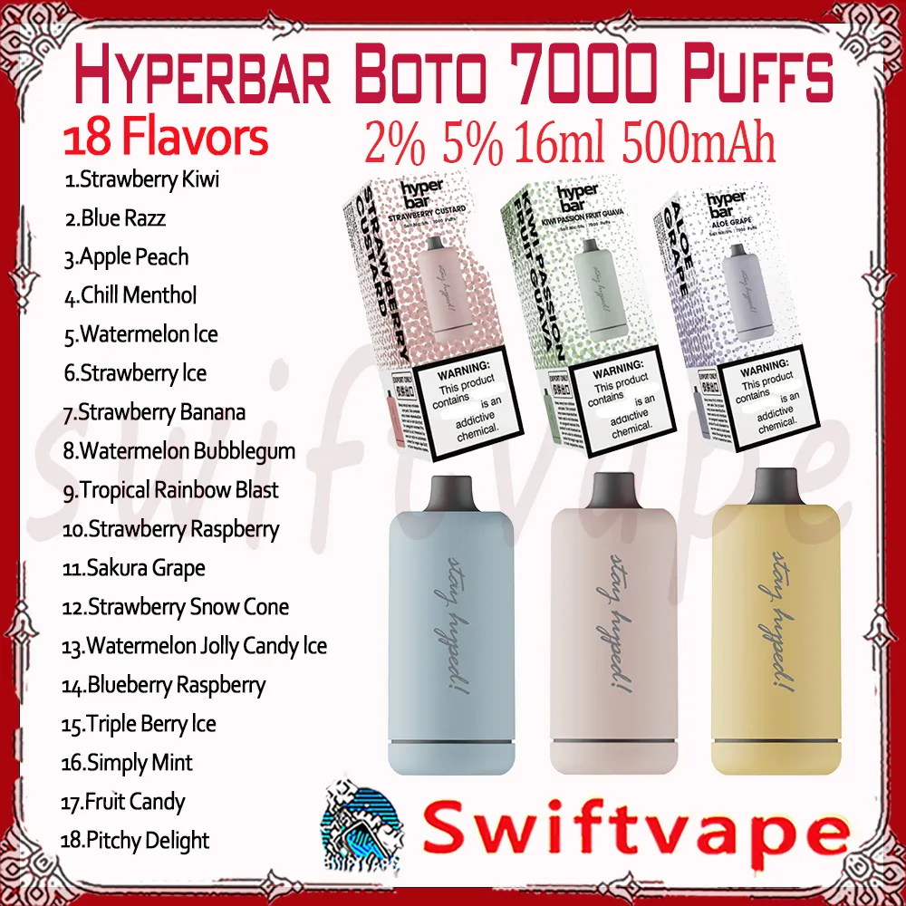 Original Hyperbar Boto 7000 Puff Disposable E Cigarette 18 Flavors 16ml Pod Rechargeable Battery 500mAh 7K Puffs 2% 5% RBG Light Vape Pen Kit Fast Delivery