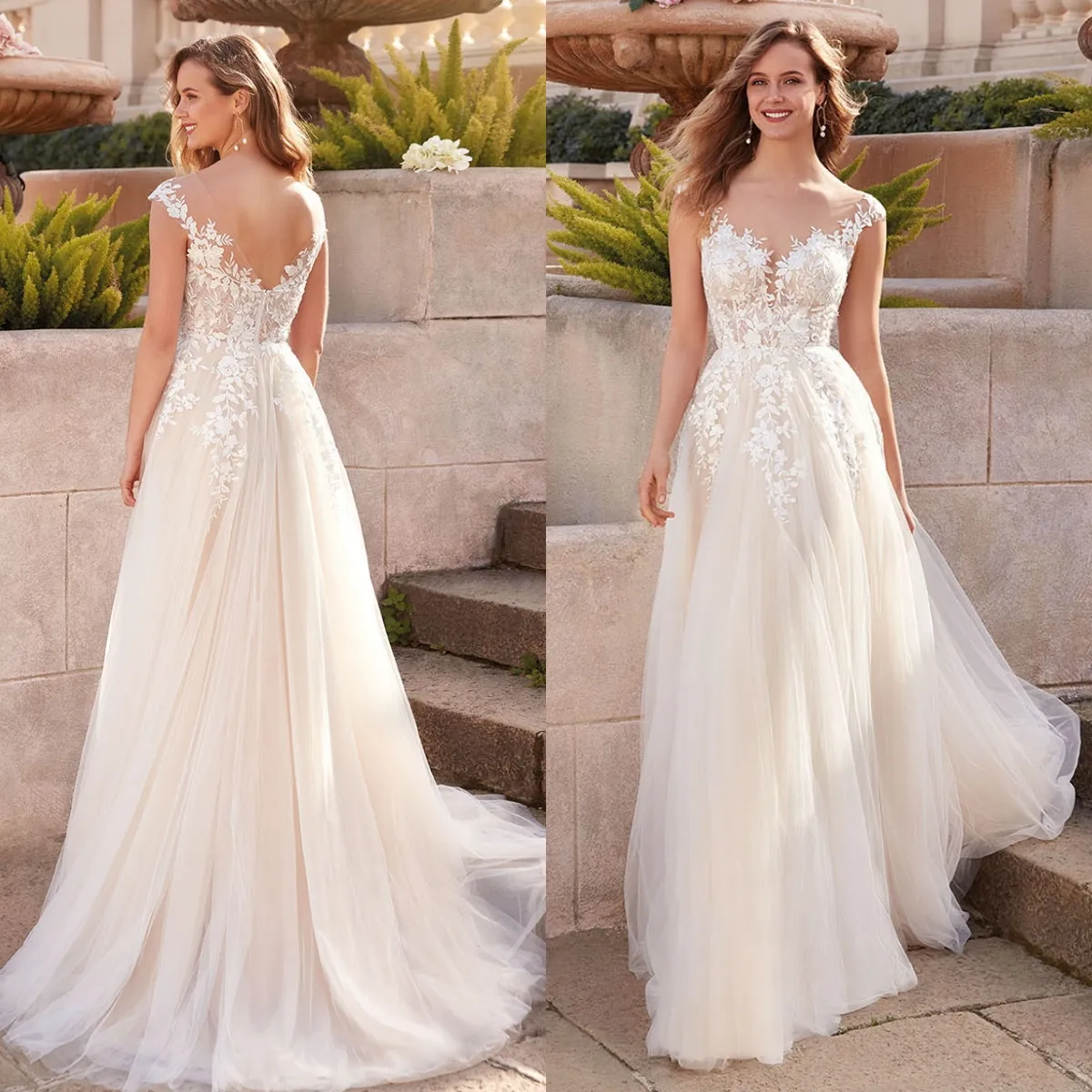 Vestidos de novia bohemios 2024 para novia, apliques de encaje, cuello de joya transparente, vestido de boda de jardín, vestidos de novia de tren de barrido de tul