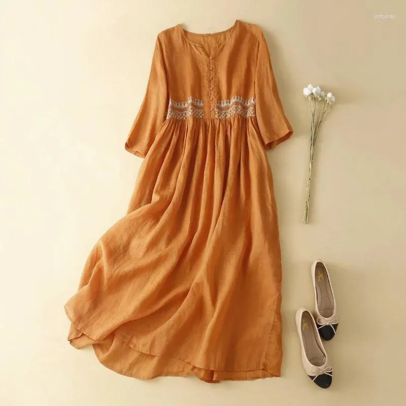 Party Dresses Summer Vintage Cotton Linen Dress for Women kort ärm enbrett skjorta avslappnad lös broderi vestidos