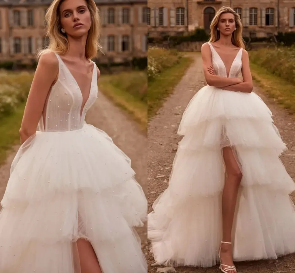 Élégant haut bas robe de mariée femmes 2024 col en V sans manches perles à plusieurs niveaux tulle mariée robes de soirée nouveau designer robe de novia personnalisé