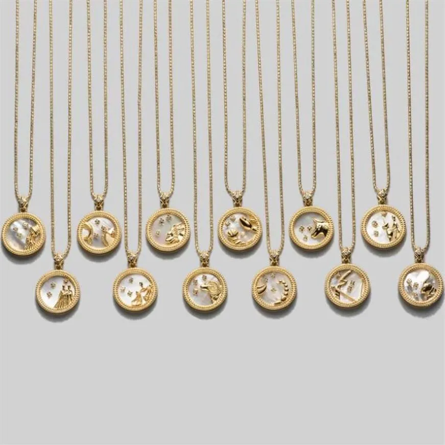 Pendentif Colliers 925 Sterling Argent 12 Zodiac Collier Coquille Ronde Constellation Pour Femmes Bijoux Fête Cadeau268a