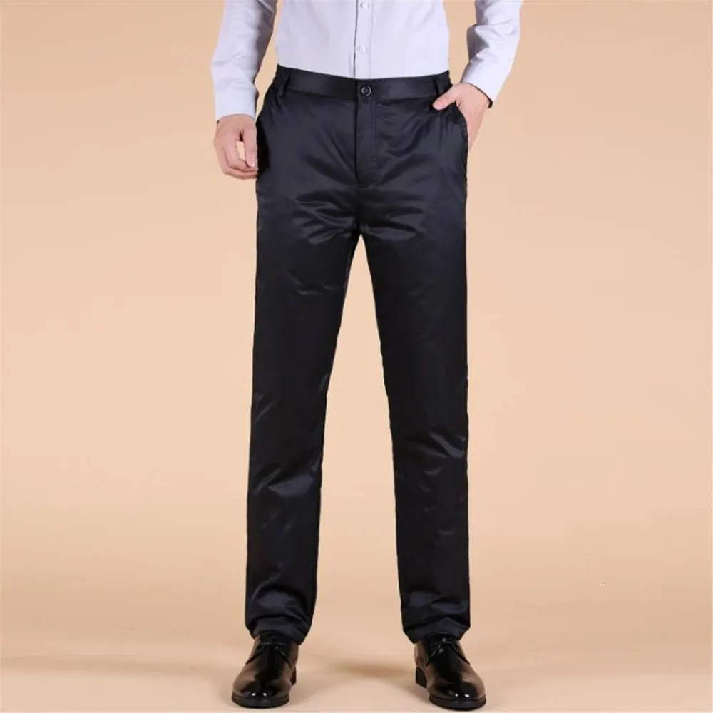 Mäns jeans man faller solid tjock hög rak 100% vit anka ner byxor manlig vinter elastisk midja varma ner byxor 231220