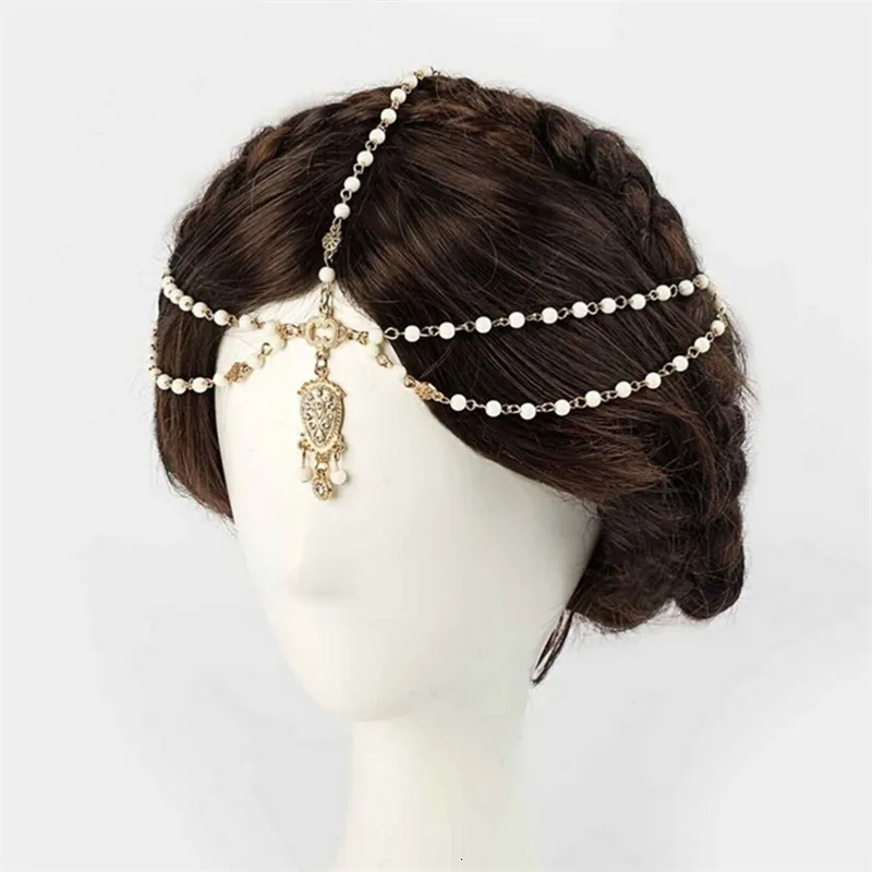 Kedjor 1st mode indisk boho hår dekoration pannband vita pärlband huvudband kvinnliga kedja smycken flickor gåvor 231219
