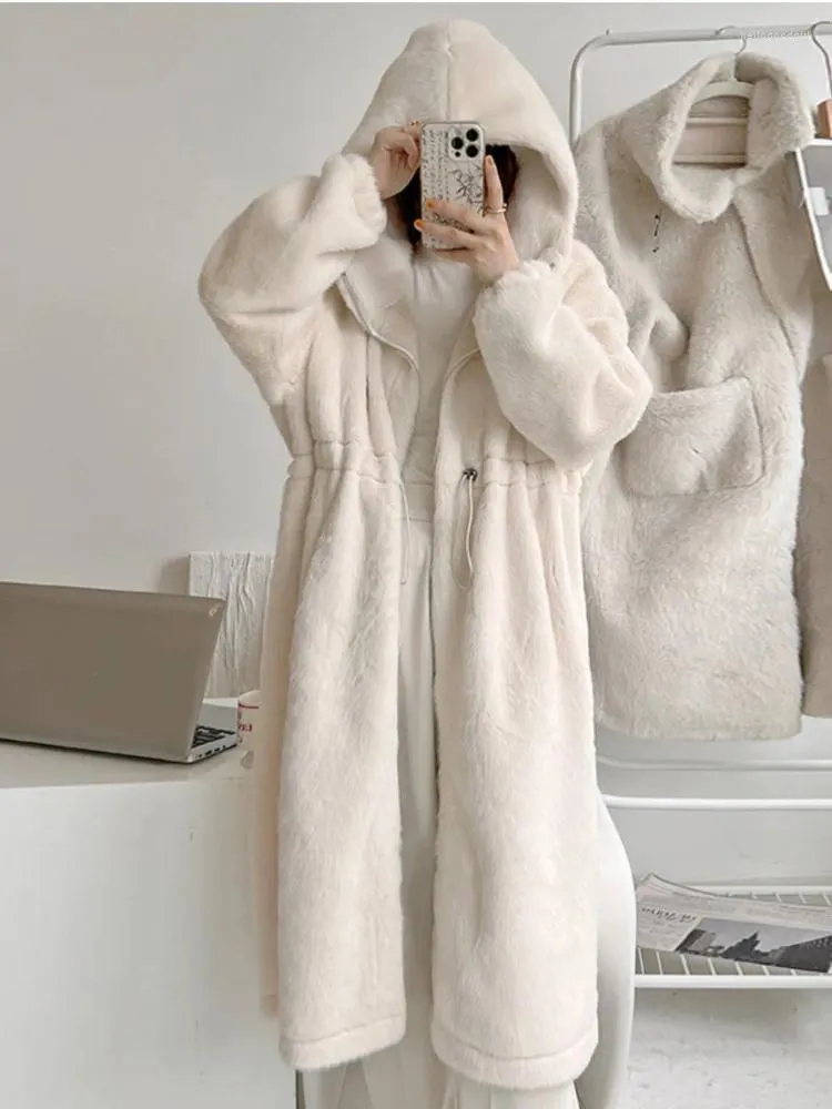 Women's Fur 2024 Spring Winter Thickened Warm Teddy Jacket Beige White Hooded Coat Female Long Sleeve Faux Mink Overcoat