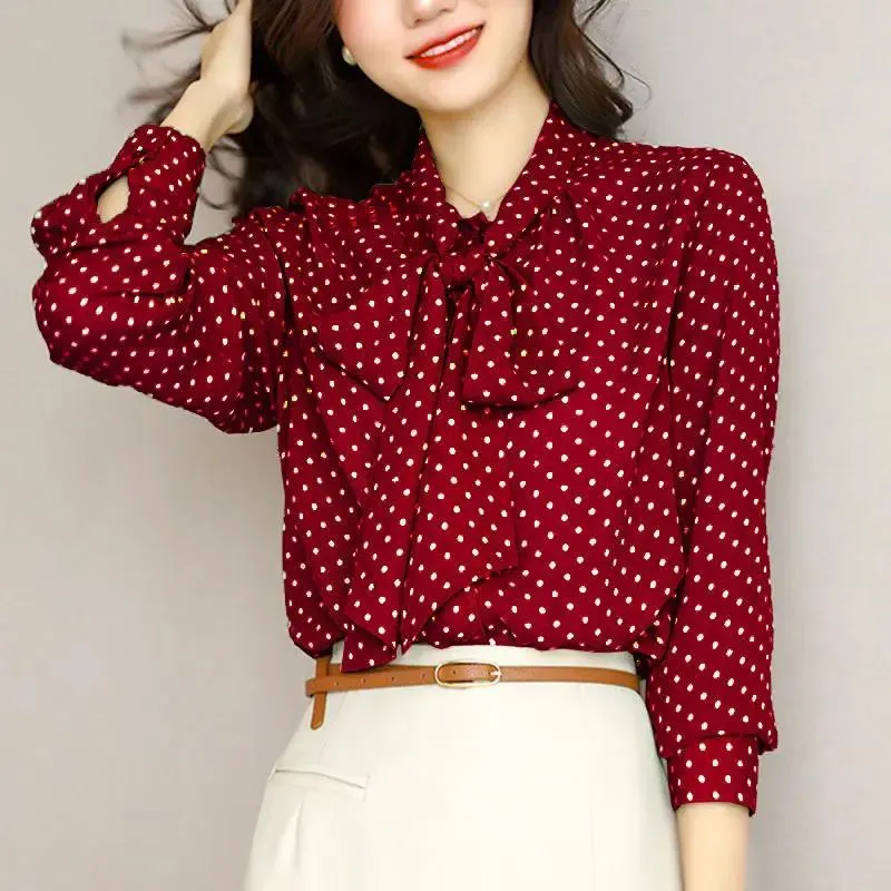 Hemden koreanische Frauen Wellenpunkt Chiffon Hemd Hemdkragen Spitze Blusen Langarm Single Breaced Top Spring Trendy Ol -Arbeit tragen Kleidung