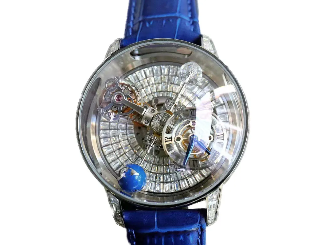 Astronomical Watch Luxury Design Mens Watches Leather Strap Diamond dial Tourbillon 47mm Top Quartz Wristwatches for Men Montre Homme