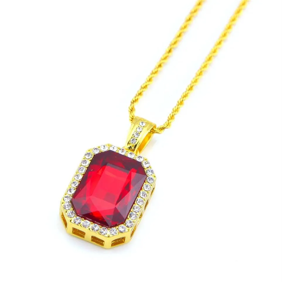 Hip hop Jewelry Square Ruby sapphire Red Blue Green Black White gems crystal pendant Necklace 24 inch Gold Chain For Men Fashion J2848