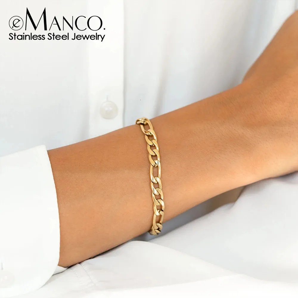Женский браслет Figaro Link Chain, браслет из нержавеющей стали, золотой цвет, браслеты с подвесками для женщин и мужчин, подарки 231219