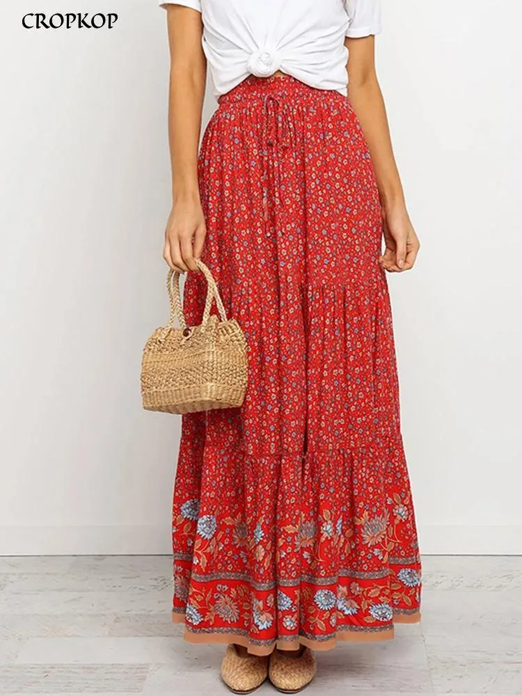 Capris High Waist Long Skirts Womens Boho Aline Full Skirt Floral Print Drawstring LaceUp Maxi Clothes White 2022 Summer Red Bohemian