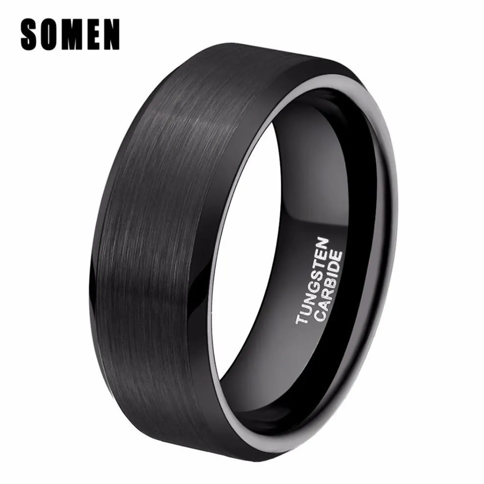 Somen Ring Men Classic 8 mm czysty czarny pierścień wolframowy szczotkowane gotowe ślubne oprawą modną męską biżuterię