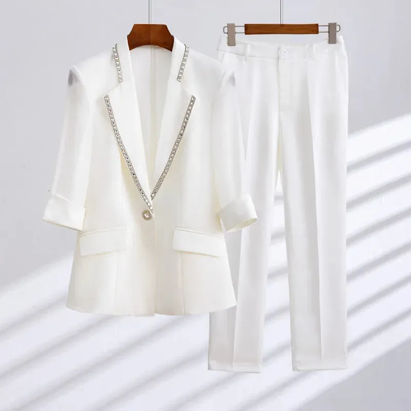 Chic Women Formal Pant Sets White Green Grey Summer Half Sleeve Blazer Byxor Passar Office Lady Business Work Wear 2 Piece Set 231220