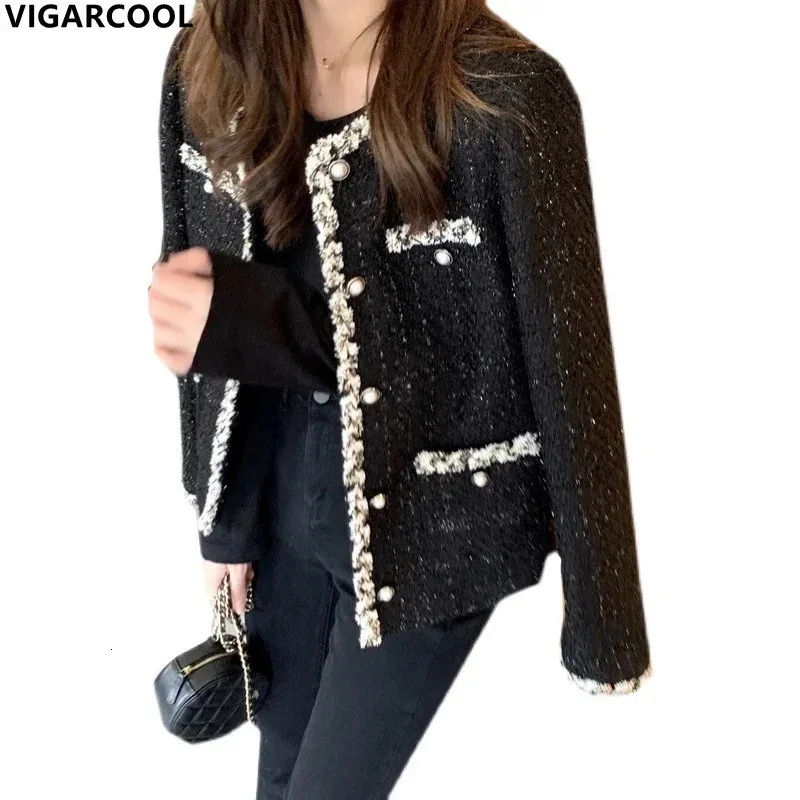 French ladies style black Jacket Women's Korean version short Top bright sparkling Fashion simple casual 231220