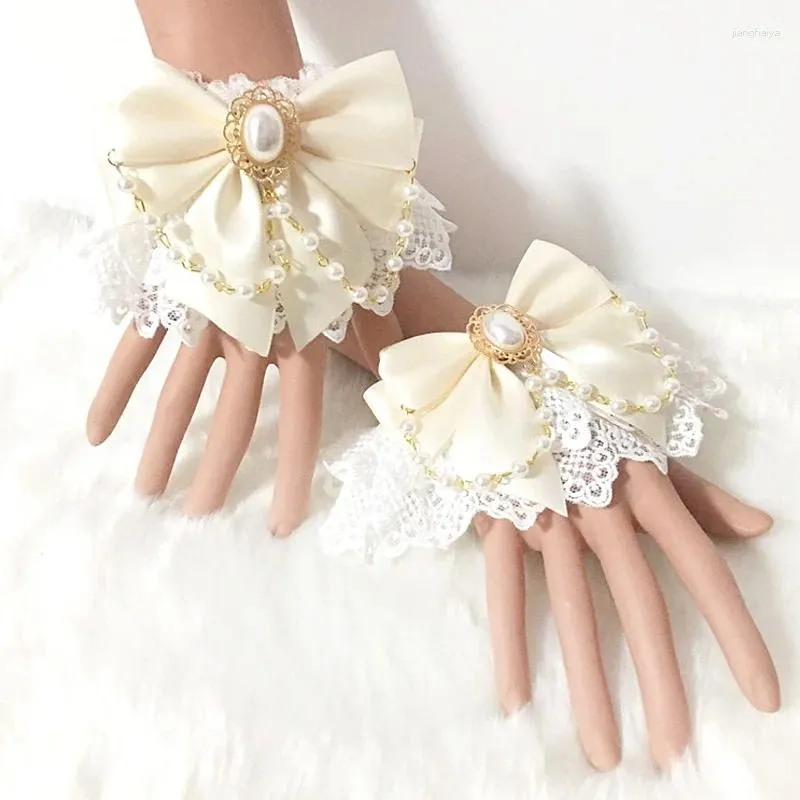 Genouillères Sweet Lolita Mariage Poignets à la main Double couche Floral Lace Bow Bracelet Bracelet Imitation Perle Chaîne Maid Cosplay Manches