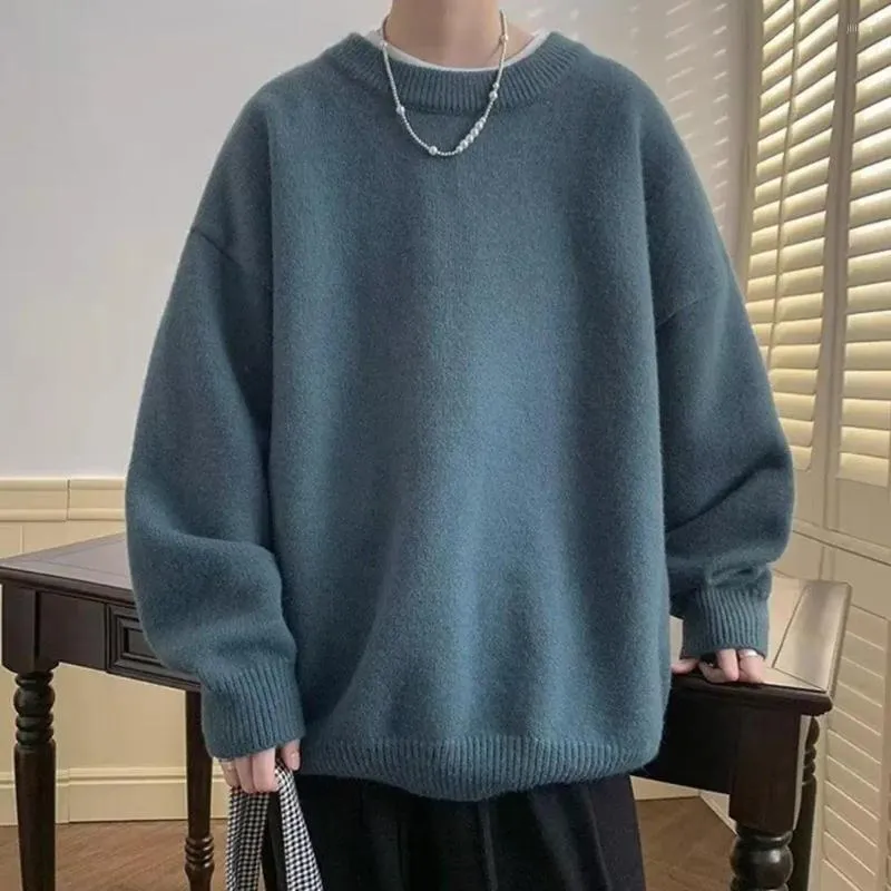 Herrtröjor män faller vår tröja rund hals långärmad solid lös elastisk manschett tjock enkel stil mjuk pullover casual topp